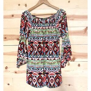 Astoria Born Boho Tribal Print Tunic Dress Women's M Bell Sleeve Peasant